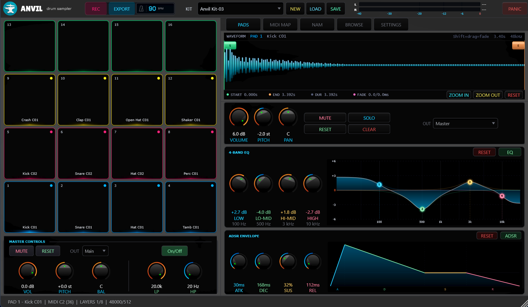 ANVIL drum sampler with 16 pads, a loaded kit, waveform and per-pad sound controls