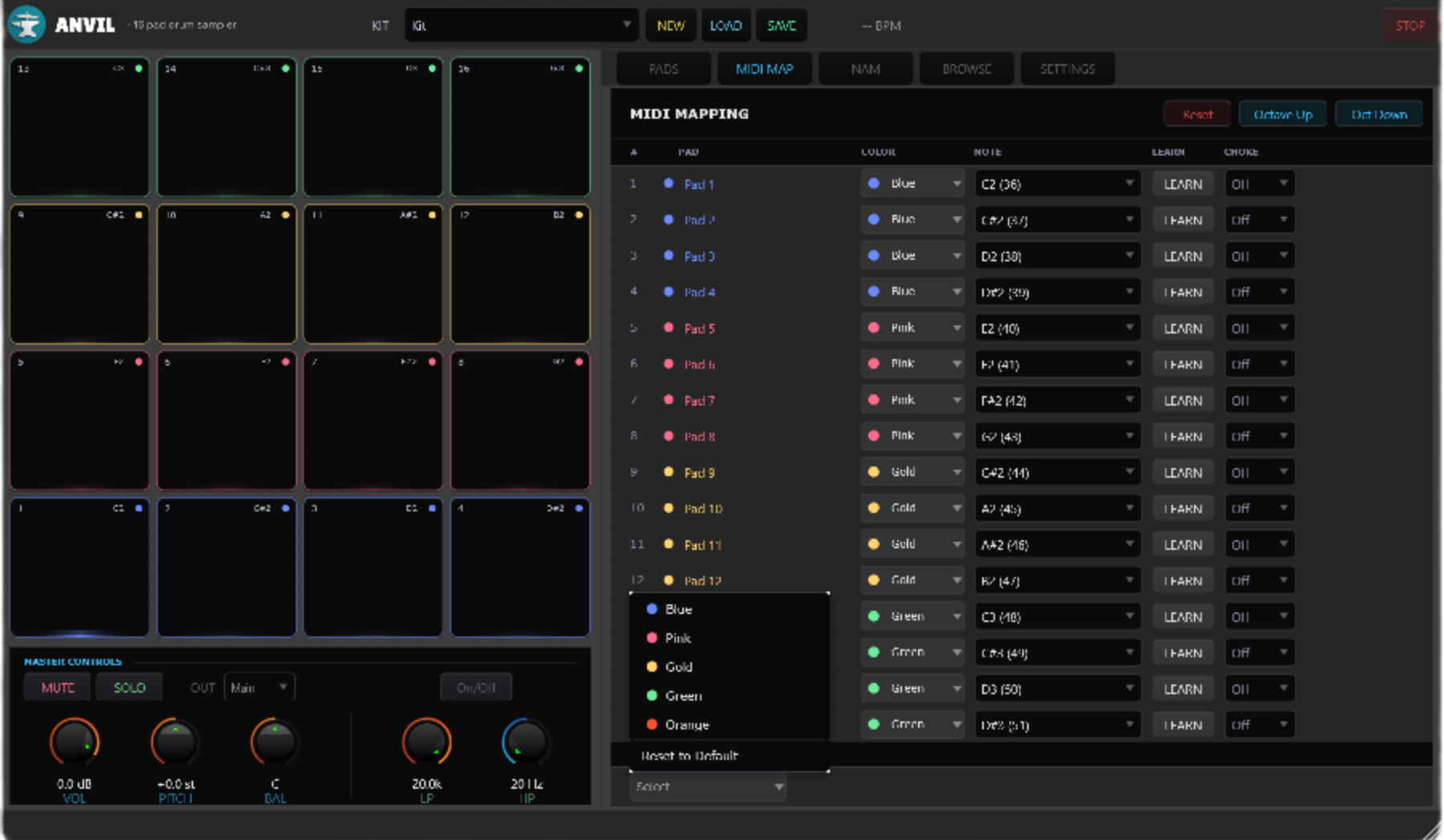 ANVIL MIDI mapping panel