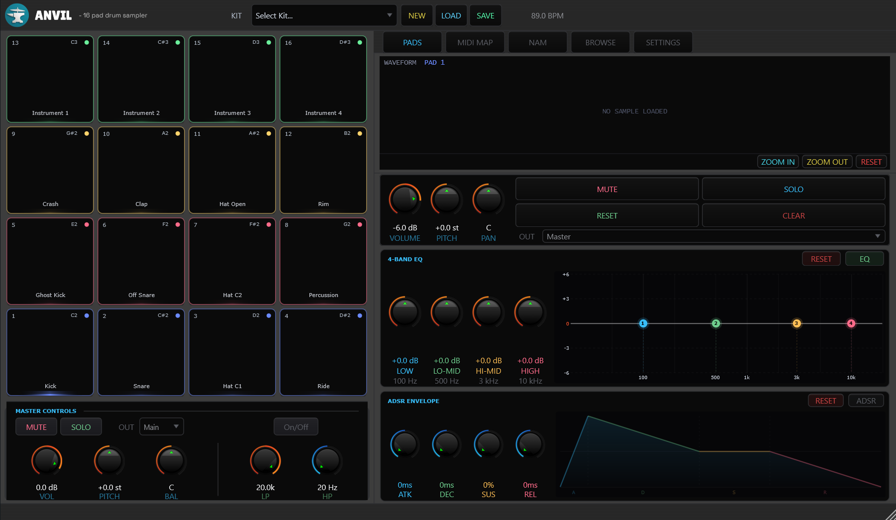 ANVIL pad engine — 16 independent signal chains