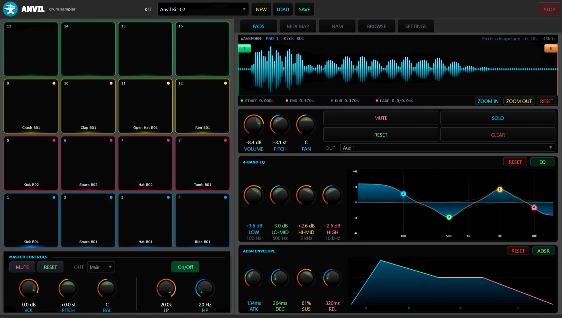 ANVIL pad engine — 16 independent signal chains