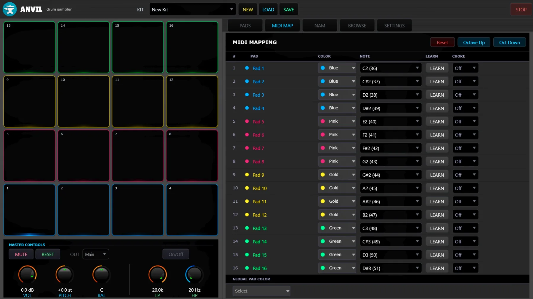 ANVIL MIDI mapping panel