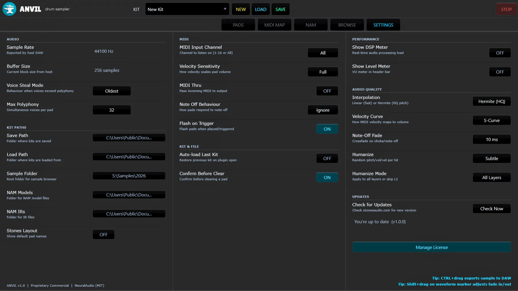 ANVIL settings panel